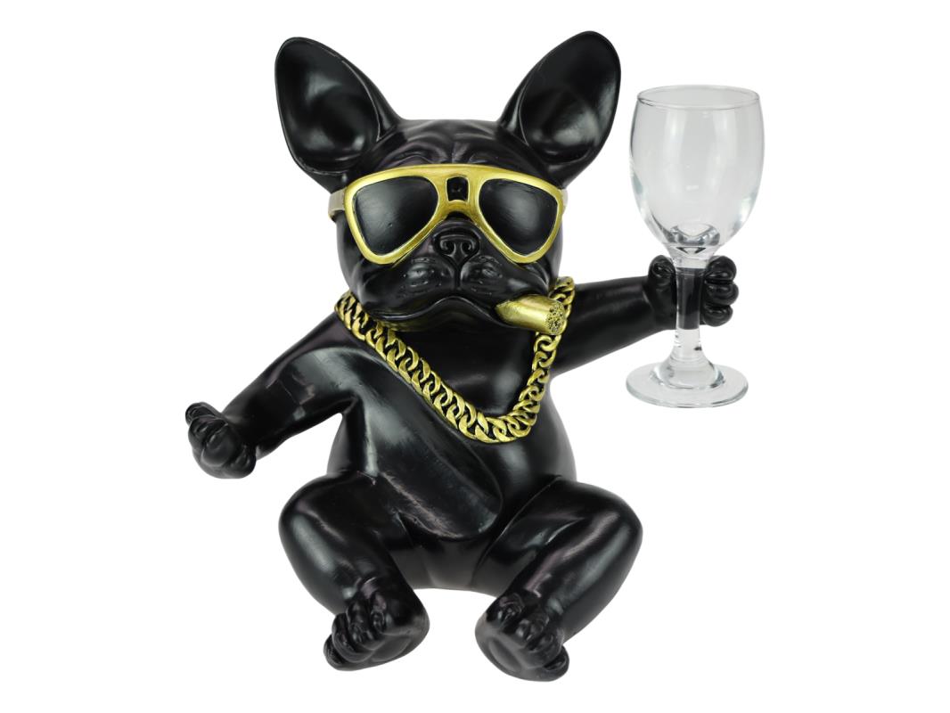 25cm Sitting Black Bull Dog Wine Glass Holder