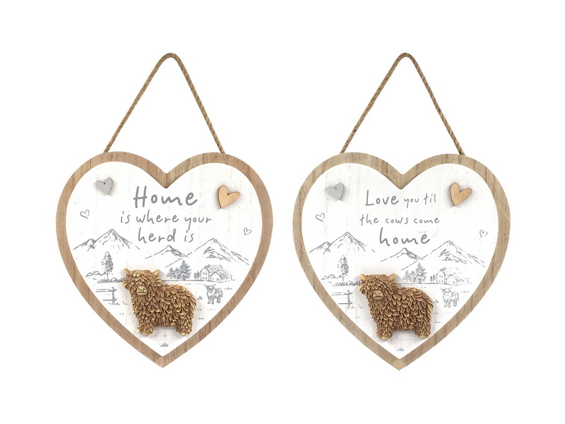 20cm Hanging Plaque with Highland Cow Design 2 Asstd