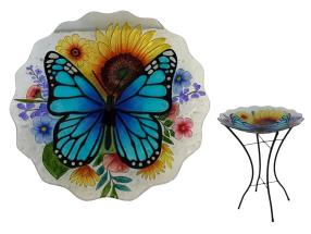 46cm Glass/Metal Bird Feeder with Butterfly and Sunflower Design