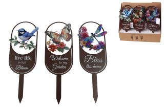 31cm Metal Garden Stake with Wren/Butterfly/Dragonfly 3 Asstd (12=Free Display)
